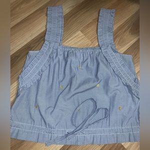 blue and white striped blouse with embroidered lemons